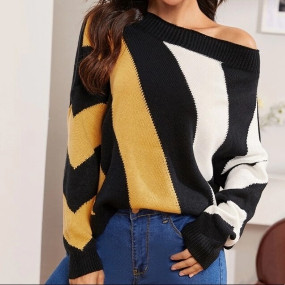 New 3 tone colourblock striped off shoulder / Sabrina style sweater fall winter